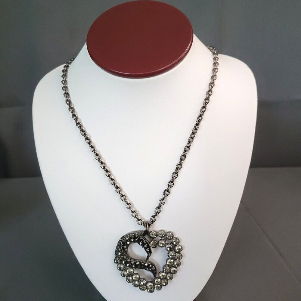 Women's Fashion Chain Necklace  Silver Tone Heart Shaped Pendant w/ Crystals 29"